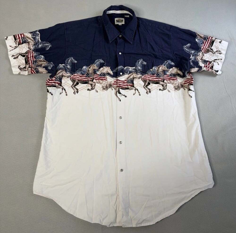 VTG Cumberland Outfitters XL Western American Flag Horseshoe Pearl Snap Shirt
